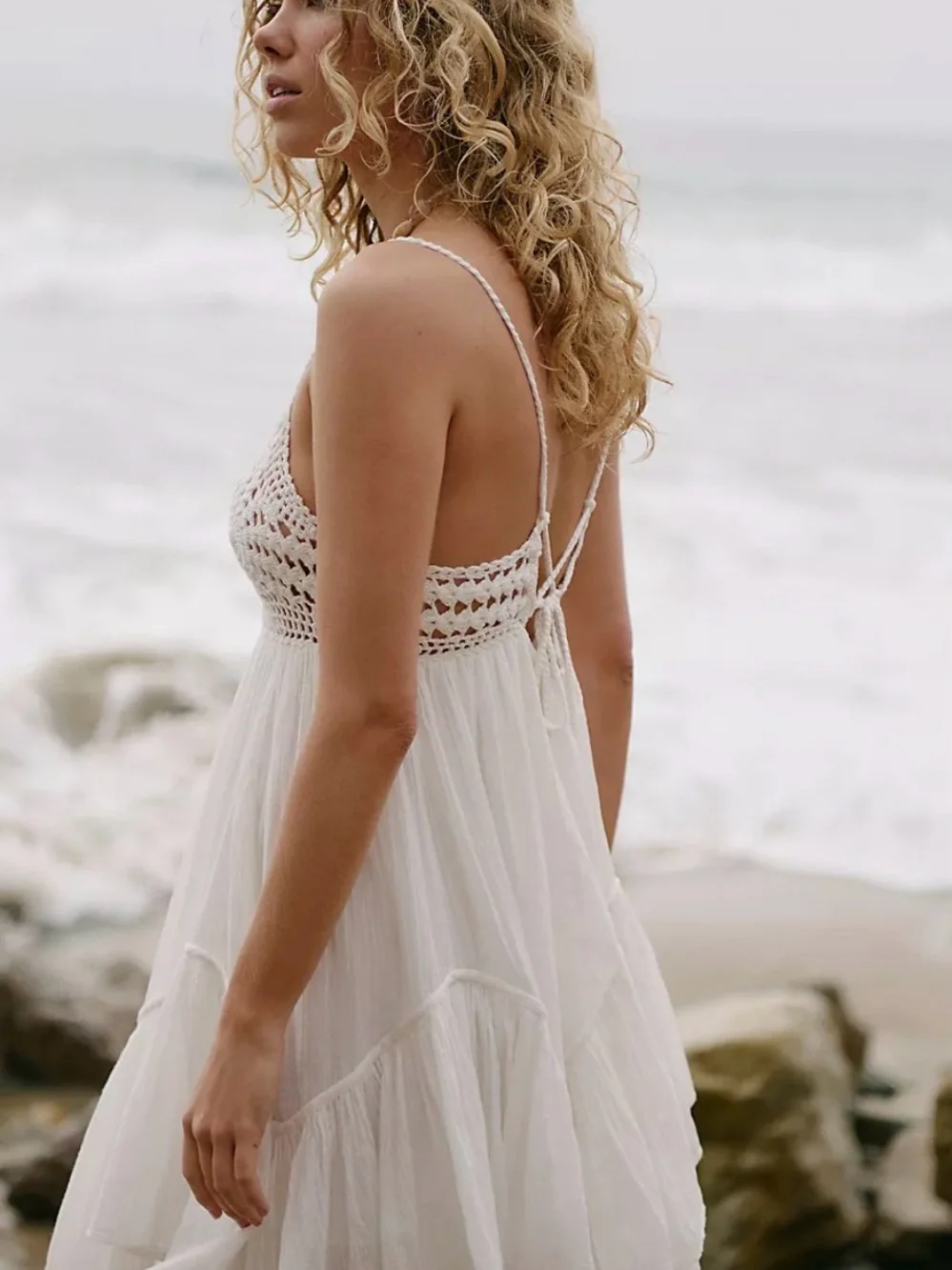 Free People White Crochet Bodice Tiered Mini Dress sz small